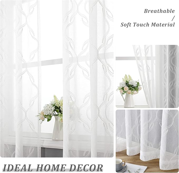 VISIONTEX Sheer Curtains, White Moroccan Embroidery Texture Geometric Rod Pocket White Voile Tulle Semi Window Treatment Pair for Bedroom, W54 x L54