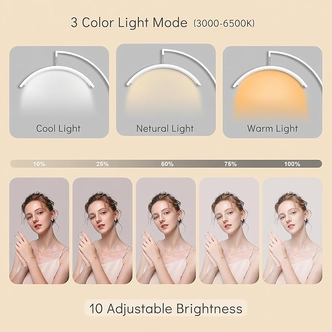 Lash Light 23 inch Floor Lamp for Eyelash Extensions Standing LED Half Moon Lights for Nail Art, Tattoos, Skincare with Adjustable Brightness & Height & Movable Tray & Phone Holder.