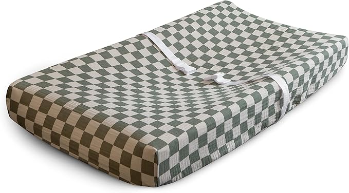 mushie Extra Soft Muslin Fitted Changing Pad Cover (Olive Check)