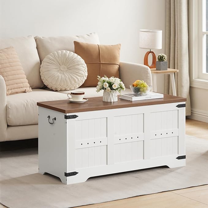 HOOBRO Toy Box, Storage Bench with Safety Hinges, Wooden Toy Chest, 39.4" Farmhouse Storage Chest, for Entryway, Bedroom, Living Room, White and Walnut WH507CW01