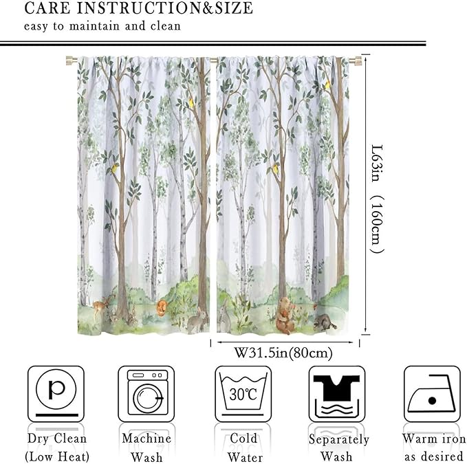 Kids Animal Curtains, Watercolor Natural Forest Animal Hedgehog Fox Butterfly Rabbits Forest Print Curtain Boys and Girl Bedrooms 63x63in