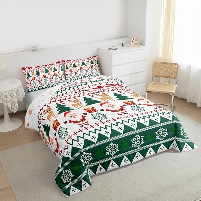 Feelyou Merry Christmas Kids Comforter Set Twin Size Santa Claus Bedding Set Cute Deer Duvet Quilt for Kids Boys Girls Bedroom Snowflake Decor Microfiber Ultra Soft Breathable