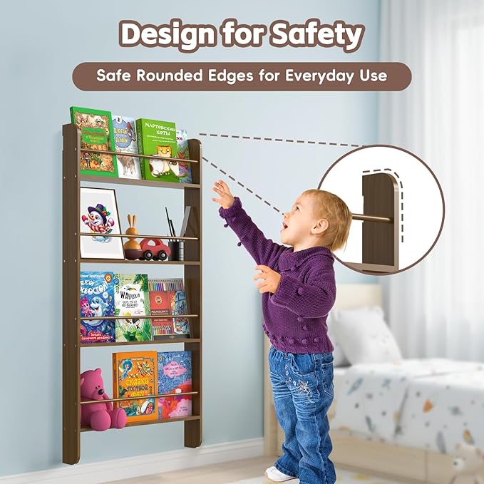 Solid Wood Montessori Wall-Mounted Kids Bookshelf - 4-Tier Book Display for Nursery, Bedroom, and Living Space - Natural Pine Wood (Dark Walnut)