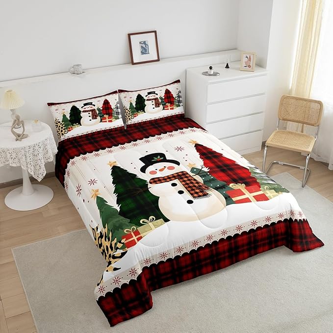 Manfei Snowman Comforter Set Queen Size, Xmas Leopard Plaid Trees Snowflake Down Comforter with 2 Pillowcases, Christmas Theme Bedding Set 3pcs for Kids Girl Bedroom Decor New Year Duvet Insert