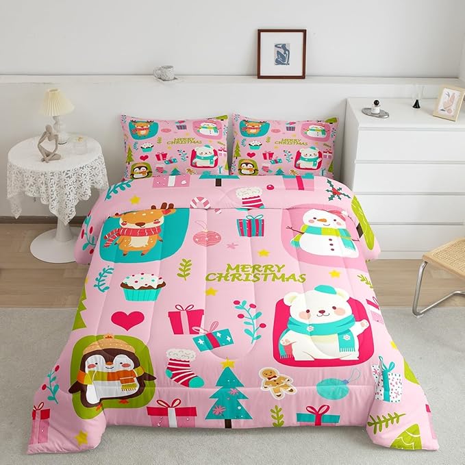 Erosebridal Christmas Cartoon Bedding Set for Kids Cute Snowman Bear Comforter Set King Size Xmas Tree Deer Elk Reversible Quilts Kawaii Penguin Animal Duvet Insert Room Decor