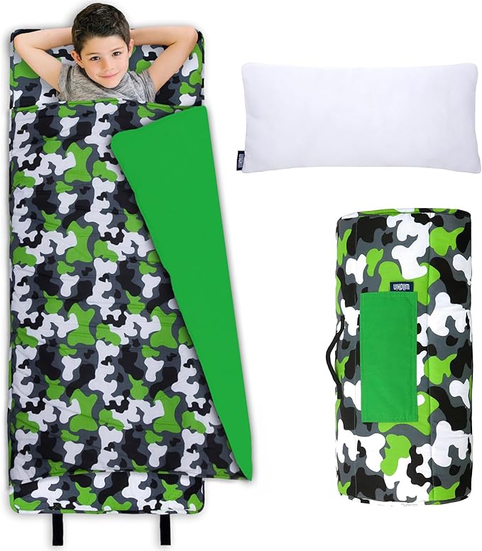 Wildkin Kids Original Nap Mat – Cozy Kids Sleep Mat with Pillow, Ideal for School & Travel - Camo Green