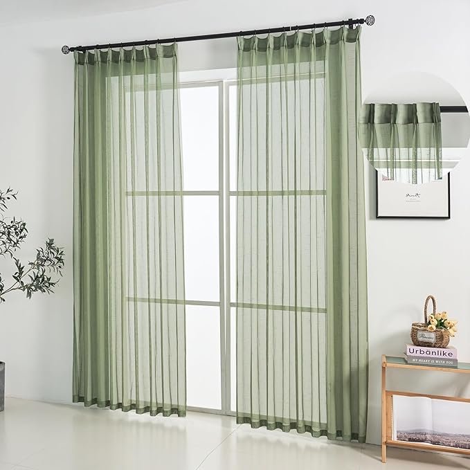 Sage Green Linen Look Pinch Pleated Sheer Curtains 108 Inches Long 2 Panels, 50 Inches Width, Rustic Textured Light Filtering Drapes, Elegant Floor to Ceiling Window Curtain with Hooks