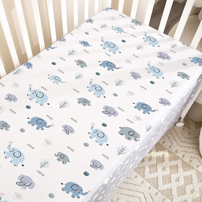 4 Pack Mini Crib Sheets Fitted - 38"x26" Pack and Play Sheets for Playard Mattress, Portable Mini Crib | Soft & Skin Friendly Pack N Play Sheets for Boys (Elephant & Woodland)