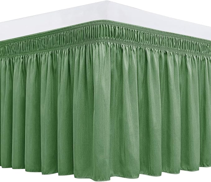 Biscaynebay Wrap Around Bed Skirts for Queen Beds 17" Long Drop, Sage Adjustable Elastic Dust Ruffles Easy Fit Wrinkle Resistant Silky Luxurious Fabric Machine Washable