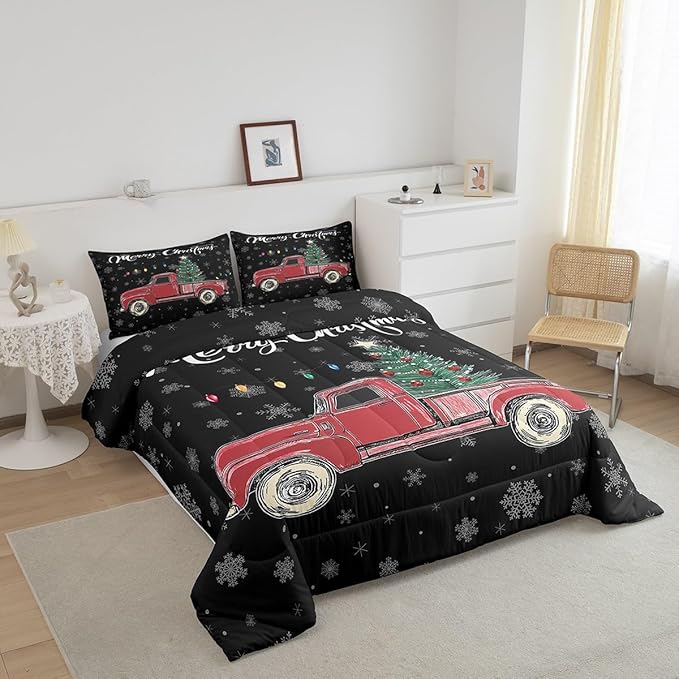 Castle Fairy Merry Christmas Theme Kids Comforter Set Queen,Xmas Tree Red Truck Snowflake Watercolor Graffiti Print Bedding Set for Men Women Adults Bedrrom Decor,Farmhouse Vintage Rustic Quilt 3 Pcs
