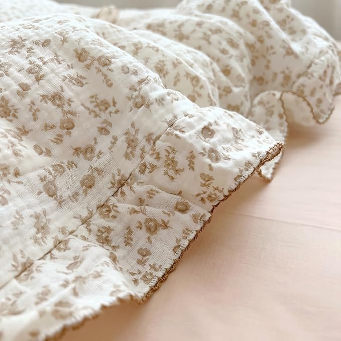 BuLuTu Cottage Camellia Print Duvet Cover King, Double-Layer Cotton Muslin Comforter Cover Floral Design Vintage Bedding Quilt Cover with Ruffles,90"x104", No Pillow, Machine Wash