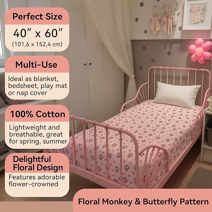 Kids Throw Blanket – Soft Cotton Toddler Blanket with Floral Monkey & Butterfly Pattern, Lightweight Breathable Bed Throw with Stitched Edges, 40 x 60 in (101.6 x 152.4 cm)