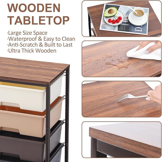 Utility Cart with 4 Drawers,Rolling Storage Cart with Drawers,Storage Rolling Drawer Cart,Brown