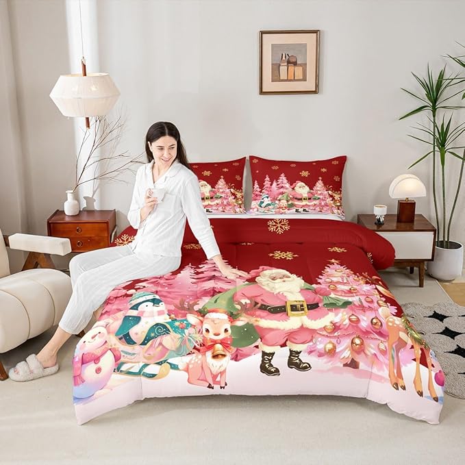 jejeloiu Merry Christmas Comforter Set Toddler Size Santa Claus Bedding Set for Kids Boys Girls Cute Deer Duvet Quilt Red Bedroom Decor