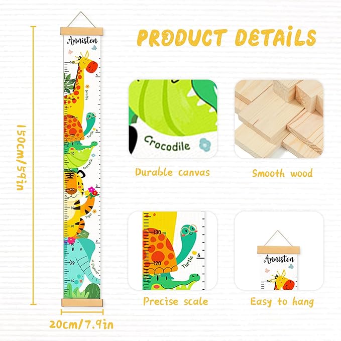 Personalized Name Height Chart for Kids, Kids Growth Chart for Wall, 59" X 7.9" Canvas Removable Height Chart Measuring Ruler for Kids & Baby(Paint Forest Animals）