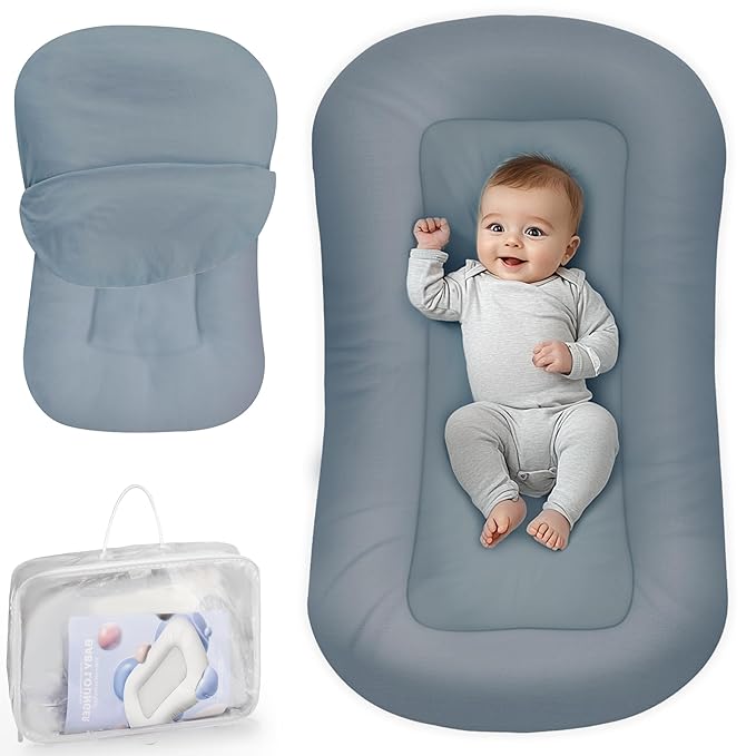 Baby Lounger - Baby Lounger for Newborn, 0-24 Months, Infant Lounger for Home and Travel, Soft Cotton, Baby Nest Lounger, Newborn Babies Essentials Gifts, GrayishBlue(Lounger Cover Included)