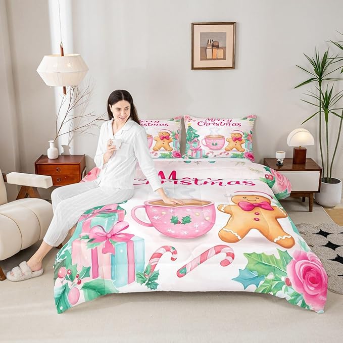 Feelyou Merry Christmas Bedding Set Soft for Boys Girls, Christmas Decor Comforter Set Twin Size Gingerbread Man Duvet Quilt Microfiber Xmas Bedroom Decor 2 Pcs with 1 Pillow Cases