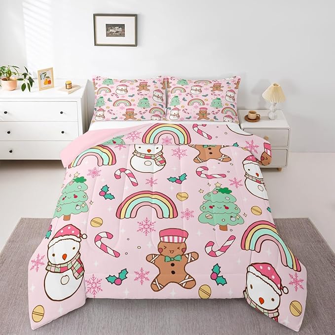 Feelyou Christmas Kids Comforter Set Queen Size Merry Christmas Tree and Snowman Bedding Set Gingerbread Man Duvet Quilt for Kids Boys Girls Bedroom Rainbow Print Decor Snowflake Soft Breathable