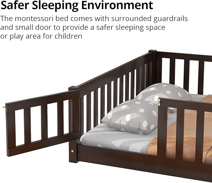 Twin Size Wood Montessori Bed Frame with Wood Slats, Fence & Door for Children Girls and Boys, Espresso (with Bed Slats)