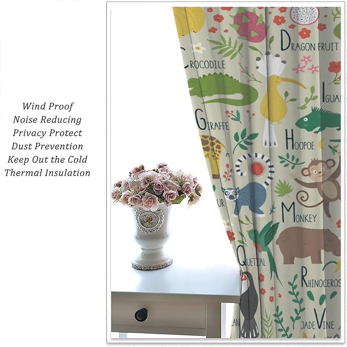 Kid Alphabet Curtains Funny Cartoon Animal Cute Educational Learning Colorful Curtain with Rod Pocket for Bedroom Living Room Decor Drapes Window Treatments 2 Panels Set 42" W X 45" L