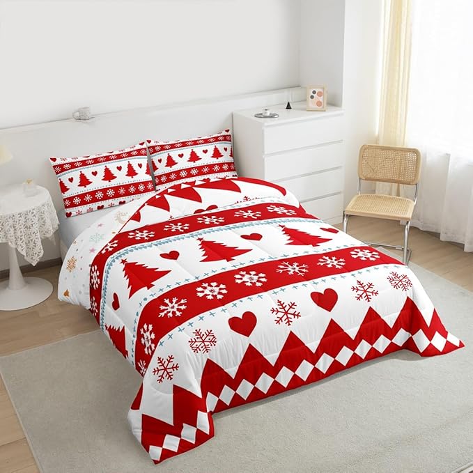 Feelyou Christmas Comforter Set Toddler Size Xmas Tree Bedding Set for Kids Boys Girls Snowflake Heart Duvet Quilt Geometric Bedroom Decor Microfiber 2 Pcs with 1 Pillow Cases
