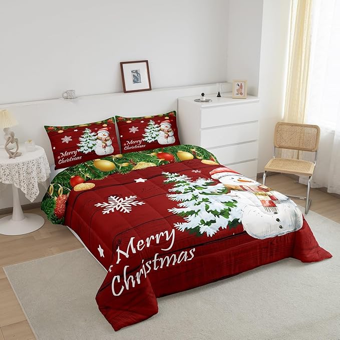 Manfei Christmas Comforter Set Full Size, Cute Snowman Tree Print Quilt Set with 2 Pillowcases, New Year Theme Rustic Style Xmas Bedding Set 3pcs for Kids Boys Girls Bedroom Decor