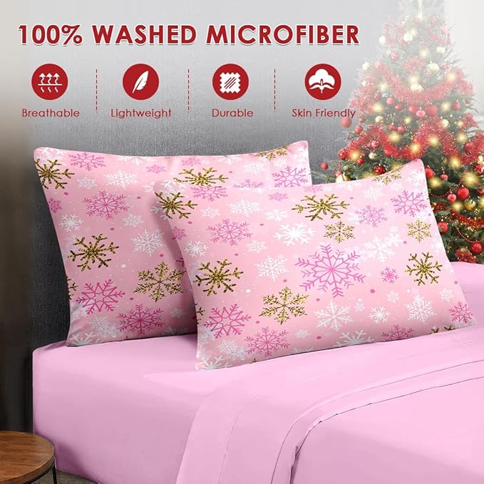 7 Pcs Queen Size Christmas Comforter Set with 2 Pillowcases & 2 Shams, Pink Winter Snowflake Bedding for Kids and Adults, Funny Sparkle Farm Bed in a Bag with Flat Fitted Sheet