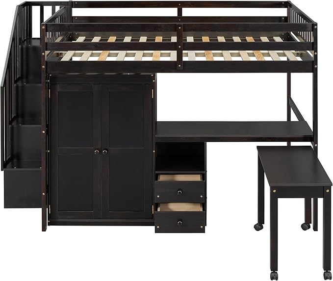 Merax Kids Full Multifunction Loft Bed with Desk/Wardrobe, Wood Storage Loft Bed with Staircase, Bookshelf & Drawers, No Box Spring Needed, Space Saving, Espresso