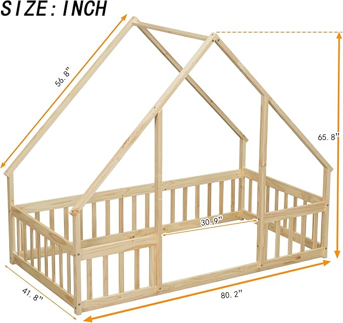 Bellemave Twin Size Wood House Bed Frame for Kids, Montessori Floor Bed with Fence, Playhouse for Girls and Boys, Natural