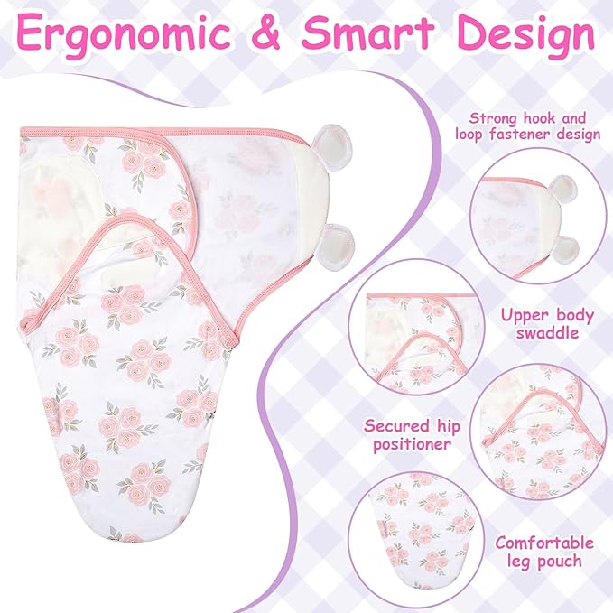 Ramede 6 Pack Preemie Swaddle Blanket with Hats Sleep Swaddle for Baby Boy Girl Preemie Newborn Sacks Soft Cotton Wearable(Flower,Pink and Green)