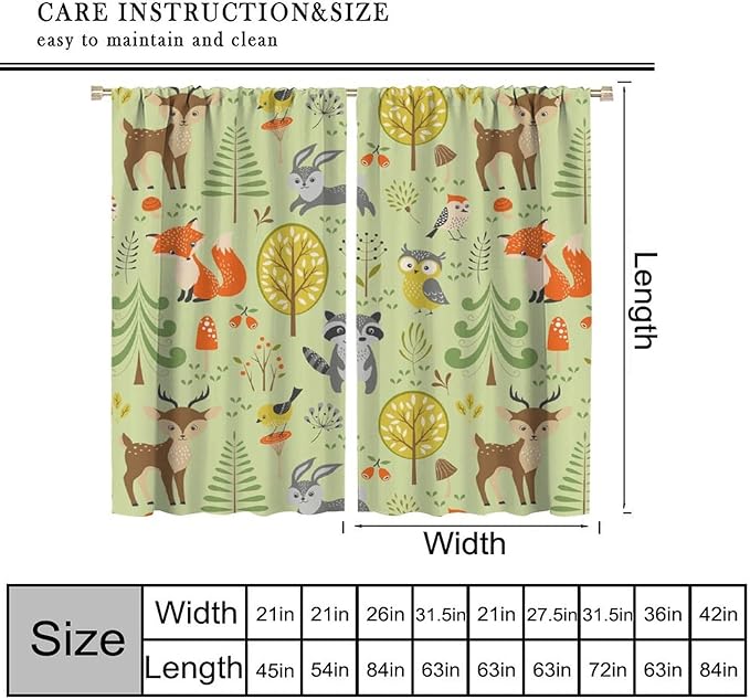 Cute Animals Curtains, Fox Bear Cartoon Wild Animals Blackout Window Treatments, Rod Pocket Thermal Insulated Drapes 2 Panel Sets for Kids Bedroom Nursery Classroom, 52" W X 84" L