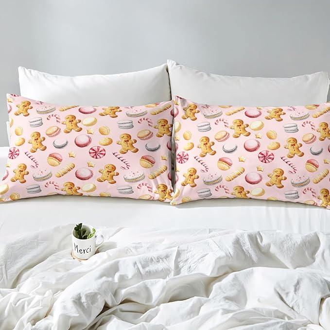 Feelyou Christmas Duvet Cover Queen Size Cute Christmas Gingerbread Man Comforter Cover for Boys Girls Xmas Sweet Macarons Bedding Set 3Pcs Reversible Pink Room Decor