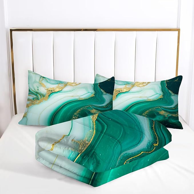 Comforter Set Green Marble: Queen Size Emerald Green Gold Bedding Set for Teen Girls Kids Adults Abstract Turquoise Watercolor Marbling Quilt Bed Sets 1 Comforter & 2 Pillowcases