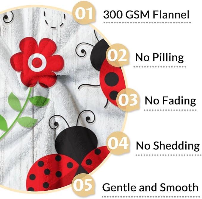 Ladybug Throw Blanket - 60 x 80 Inches Grey Aesthetic Gifts Stuff for Women - Soft Lightweight Blankets for Bed, Living Room