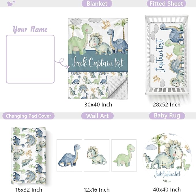Personalized Baby Crib Bedding Set, 5 Pcs Custom Name Nursery Bedding Set for Girls Boys, Green Dinosaur Baby Crib Set for Toddlers Infants, Double Layer Bedding Crib Sets Customized Gifts