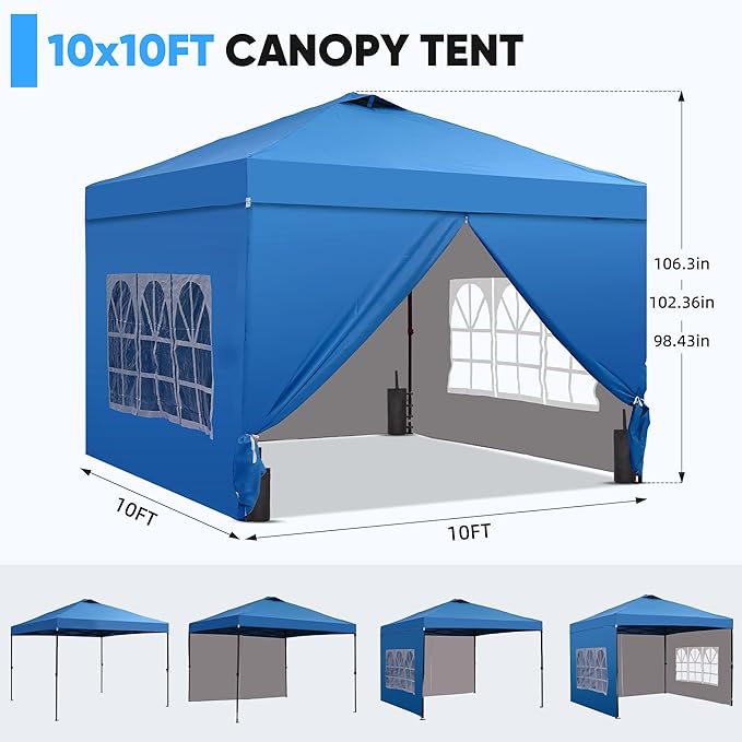GDY 10x10 Pop Up Canopy Tent with 4 Sidewalls, Easy Set up with One Push Lift Outdoor Silver Coated Beach Gazebos, Carpas with 4 Sandbags, for Pool, Events, Parties, and Camping, Blue.