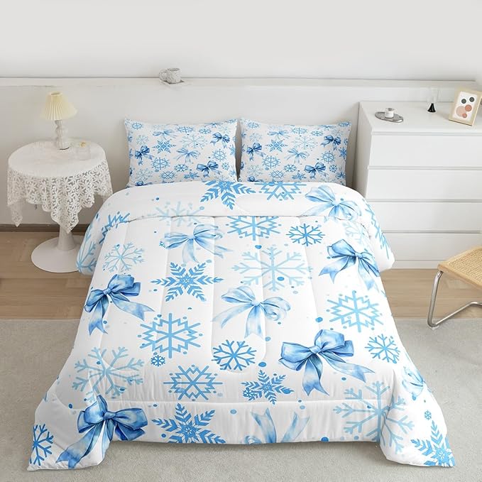 Lovely Bowknot Kids Comforter Set Queen Size,Dreamy Bowknot Dots Snowflake Bedding Set,Room Decor,Winter Merry Christmas Girly Quilt Comforter,Blue White Duvet Set Bedroom Quilt Set,2 Pillowcases