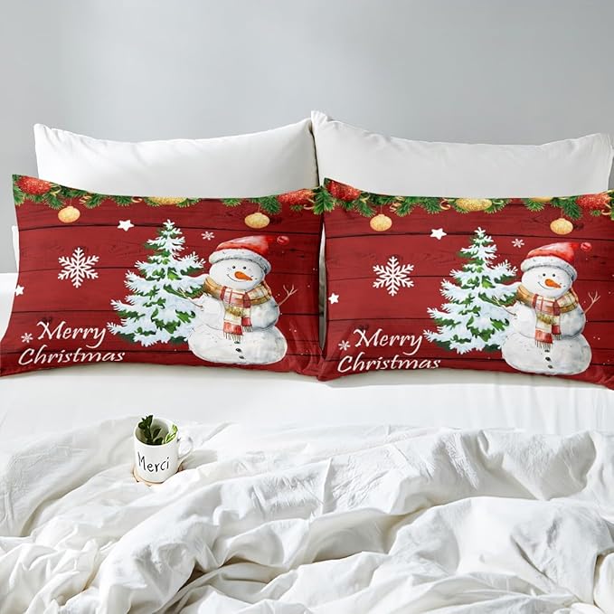 Manfei Christmas Duvet Cover Set Full Size, Cute Snowman Tree Print Comforter Cover with 2 Pillowcases, New Year Theme Rustic Style Xmas Bedding Set 3pcs for Kids Boys Girls Bedroom Decor,No Comforter