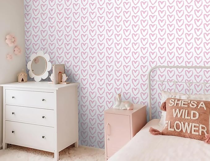 Timeet Pink Heart Wallpaper Peel and Stick Wallpaper Modern Wallpaper Pink White Contact Paper 17.7"x393.7" Self Adhesive Removable Wallpaper for Bedroom Kids Room Wall Decor