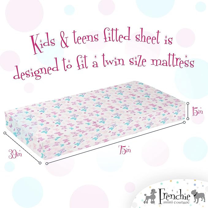 Frenchie Mini Couture, 3-Piece Kids Twin Sheets Bedding Set, 100% Woven Cotton, Includes Deep Pocket Bed Sheet (39 x 75 x 15in) + Flat Sheet (66 x 96in) + Pillowcase (20 x 30in) Butterfly
