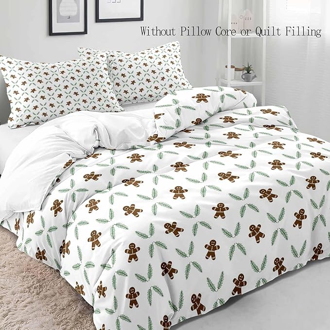 LUVIVIHOME 3PCS Gingerbread Man Duvet Cover Queen Bedding Sets, White Duvet Cover, Teens Boys Girls Kids Bedding, Green Plant Pine Picks Leaves Winter Holiday Christmas Comforter Cover, 2 Pillow Shams
