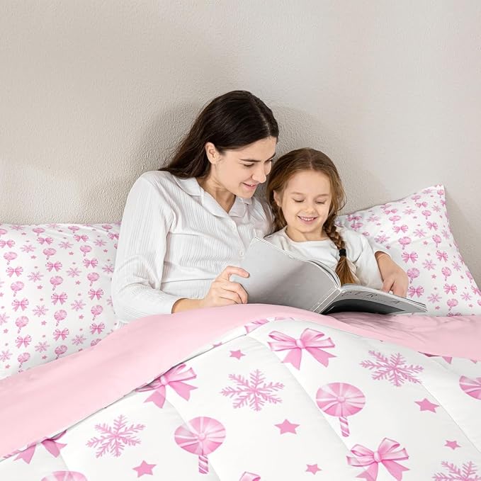 Feelyou Pink Christmas Bedding Set Soft for Boys Girls, Bow Candy Comforter Set Toddler Size Star Snowflake Duvet Quilt Microfiber Bedroom Decor 2 Pcs with 1 Pillow Cases