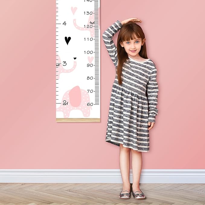 Personalized Kids Name Growth Chart Ruler for Wall Wood Frame Height Measure Chart 13.4x56 in Linen Hanging Height Growth Chart Pink Elephant Kids Room Decor