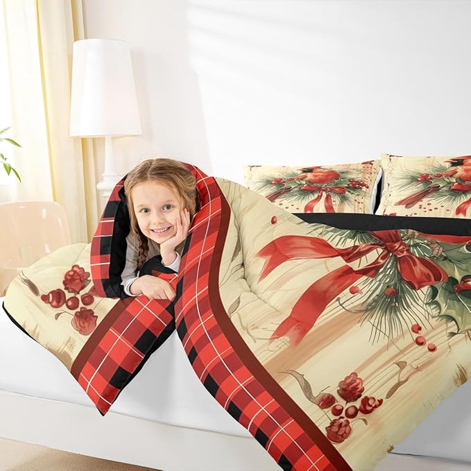jejeloiu Kids Red Cardinal Comforter Set Full Size Christmas Red Black Plaid Bow Bedding Set for Boys Girls Teens Xmas Birds Animal Winter Wood Plank Duvet Quilt Room Decor