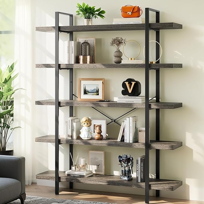 Bookcase, 47 Inch Wide Wood Bookshelf, 120lbs Shelf Capacity, Rustic Open Shelving Industrial Display with Reinforced Horizontal Shelves for Living Room Bedroom Office (5 Tier - Grey) 2 Set