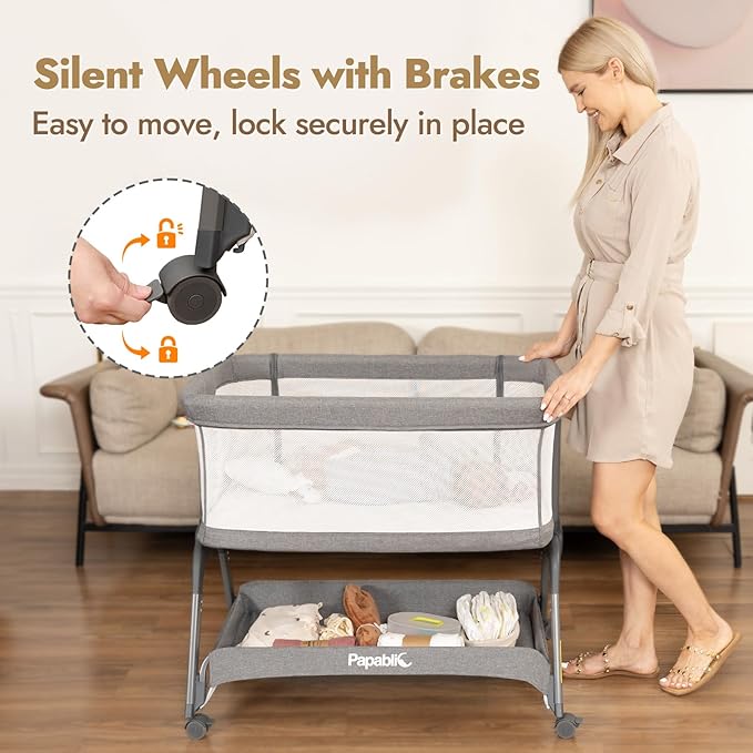 Papablic Baby Bassinet, Bedside Bassinet for Baby with Four-Sided Breathable Mesh & Soft Mattress, Adjustable Bassinet Bedside Sleeper with Storage Basket and Wheels, Easy to Assemble, Gray