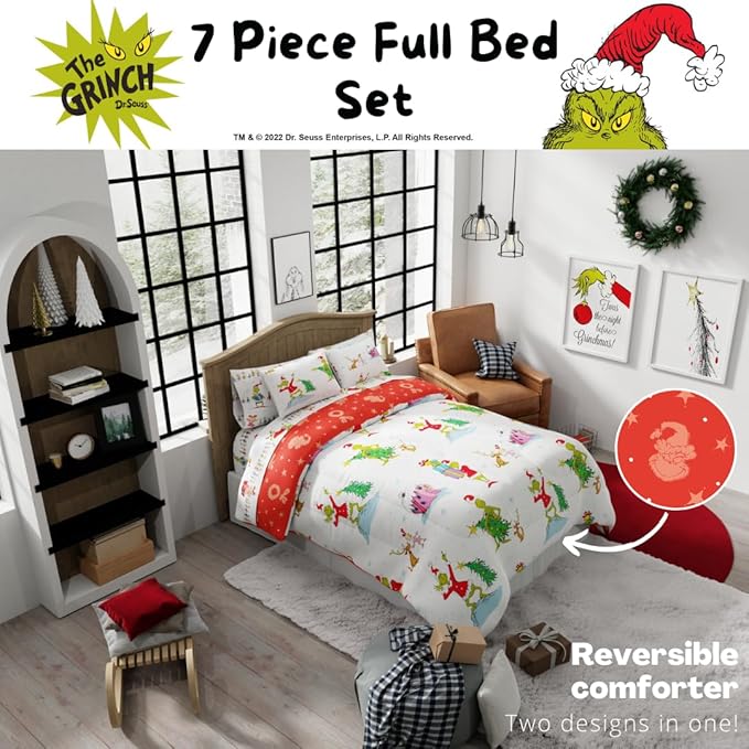 Grinch by Dr. Seuss Holiday & Christmas Bedding Super Soft Comforter and Sheet Set with Sham, 7 Piece Full Size (Official Dr. Seuss Product) by Franco
