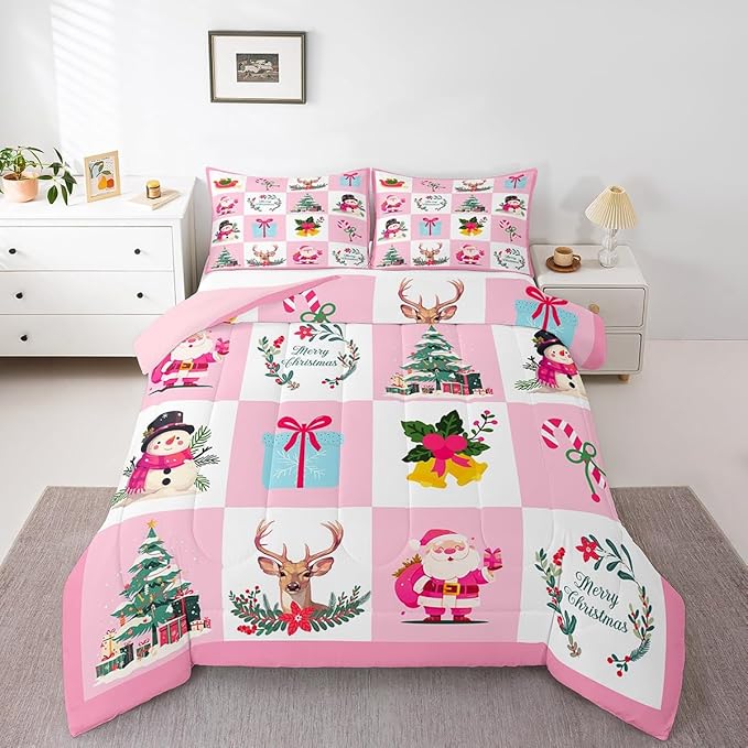 Erosebridal Merry Christmas Comforter Set for Kids Christmas Tree Quilt King Size with 2 Pillow Cases Santa Claus Xmas Decor Bedding Set Kawaii Snowman Bedding Comforter Sets,Pink
