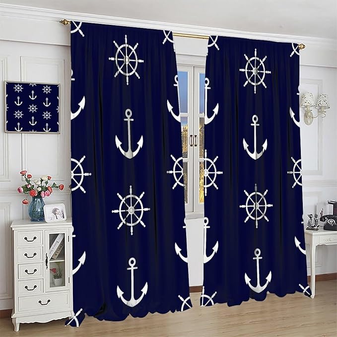 Nautical Rudder Curtains,MarineThemed Oceanic Anchor Pattern Blackout Print Home Bedroom Living Room Window Treatments 2 Panel Set 52x84 Inch