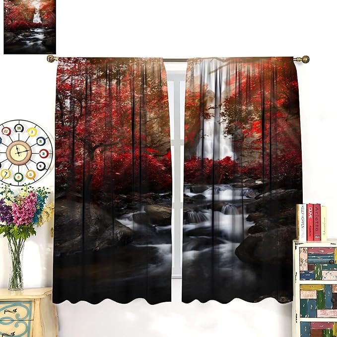 Nature Waterfall Blackout Curtains, Autumn Waterfall Romantic Forest Landscape Print Rod Pocket Window Drapes, for Bedroom Living Room 84" W X 84" L
